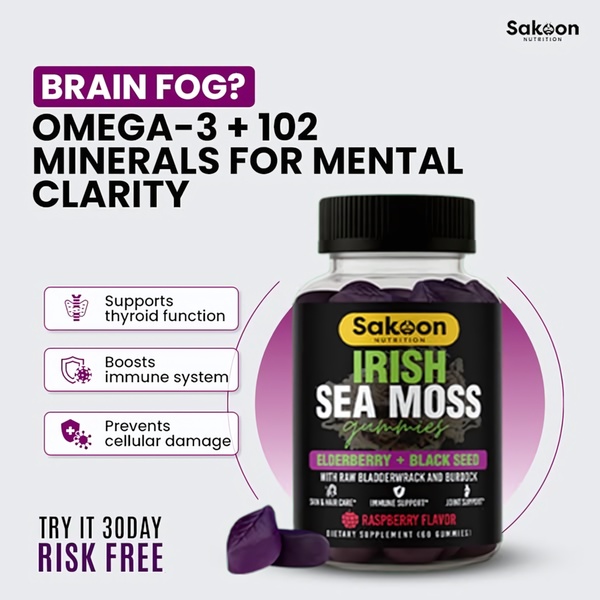 A clean, benefit-focused static ad for Irish Sea Moss gummies that targets mental clarity and uses a clear risk-free offer.